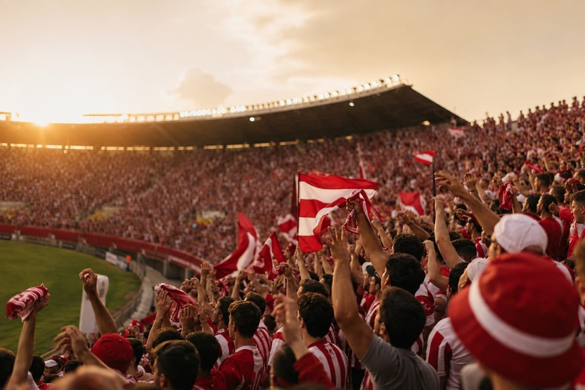 Red-and-white fans celebrating with flags raised in a packed stand at sunset