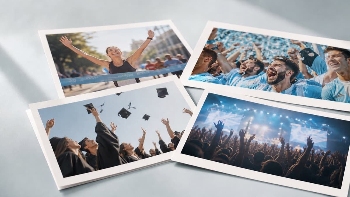 Printed photos of running, football, graduation and a concert displayed on a table